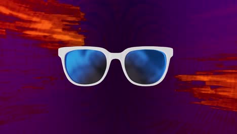 Animation-Von-Sonnenbrillen-Und-Abstrakten-Mustern,-Die-Sich-Auf-Violettem-Hintergrund-Bewegen