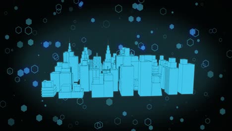 Animation-Von-Formen-über-Einer-Digitalen-Stadt-Auf-Schwarzem-Hintergrund