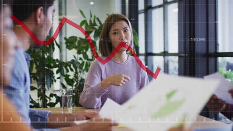 Animation-of-red-graphs-moving-over-asian-woman-giving-doucuments-to-colleagues-at-office