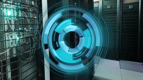 Animation-of-neon-blue-round-scanner-spinning-against-computer-server-room