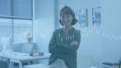 Animation-of-statistical-data-processing-against-portrait-of-biracial-woman-smiling-at-office