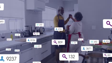 Animation-of-notification-bars-over-senior-african-american-couple-with-apron-dancing-in-kitchen