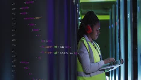 Animation-of-data-processing-on-african-american-female-engineer-using-laptop-working-at-server-room