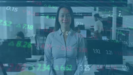Animation-of-cloud-text-in-cloud-and-trading-board-over-asian-woman-standing-arms-crossed-in-office