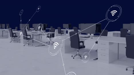 Animation-of-network-of-conncetions-with-icons-over-office-interior-with-desks-and-computers