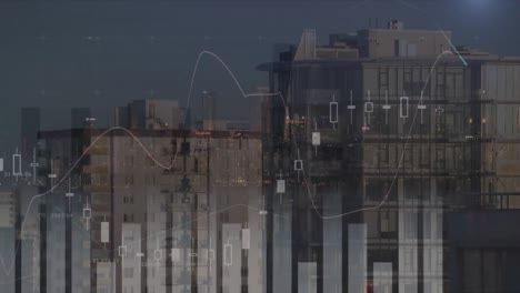 Animation-Mehrerer-Diagramme-Mit-Zahlen-über-Modernen-Gebäuden-Vor-Dem-Himmel