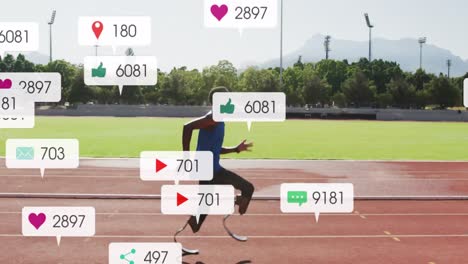 Animation-of-multiple-notification-bars,-african-american-athlete-running-on-race-track