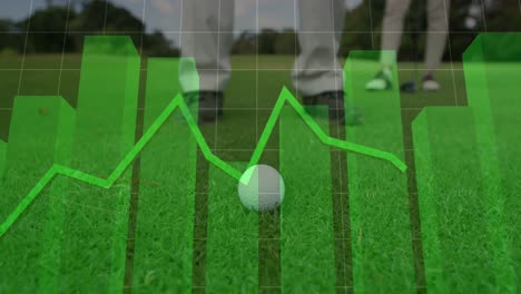 Animation-of-multiple-graphs-over-low-section-of-caucasian-man-hitting-golf-ball-with-club