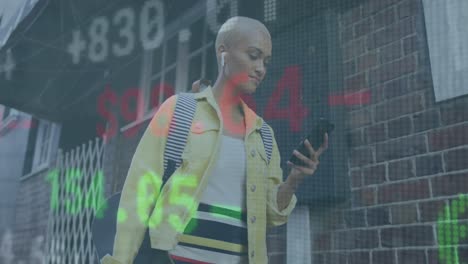 Animation-of-stock-market-data-processing-over-biracial-woman-using-smartphone-on-the-street