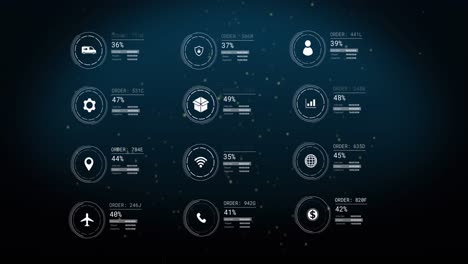 Animation-of-icons-with-data-processing-over-light-spots-on-black-background