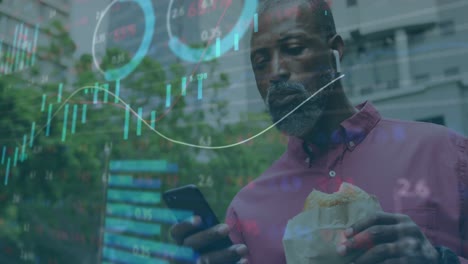 Animation-of-trading-board,-senior-african-american-man-eating-burger-and-scrolling-on-cellphone