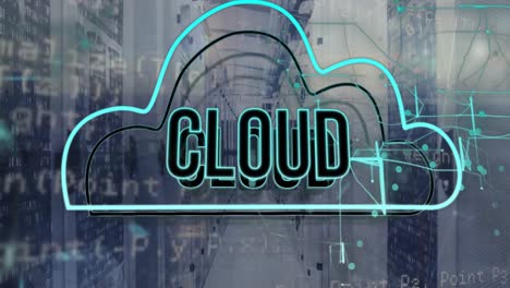 Animation-Von-Cloud-Text-In-Cloud--Und-Computersprache-über-Dem-Datenserverraum