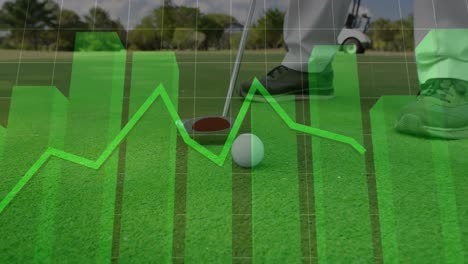 Animation-of-multiple-graphs-over-low-section-of-caucasian-man-hitting-golf-ball-with-club-in-hole