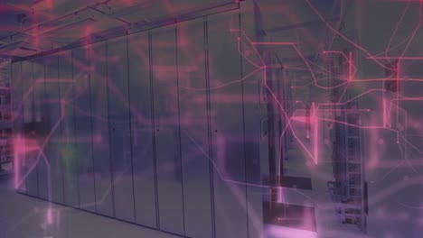 Animation-of-glowing-pink-light-trails-against-computer-server-room