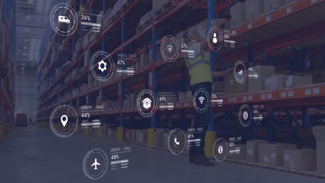 Animation-of-icons-with-data-processing-over-caucasian-male-worker-in-warehouse