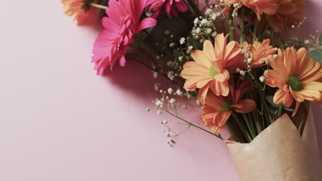 Video-of-bunch-of-multi-coloured-flowers-and-copy-space-on-pink-background
