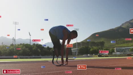 Animation-of-notification-bars-over-african-american-athlete-performing-stretching-in-race-track