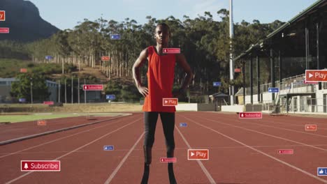Animation-of-notification-bars,-african-american-athlete-standing-arms-on-waist-in-race-track
