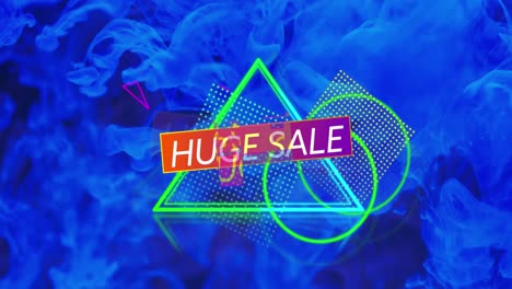 Animation-of-huge-sale-text-with-shapes-over-blue-liquid-background