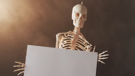 Video-of-close-up-of-halloween-skeleton-holding-white-board-with-copy-space-on-brown-background
