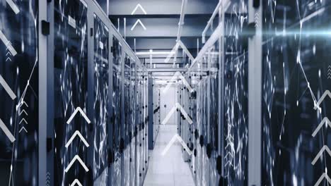 Animation-of-arrows-over-connected-dots-on-data-server-racks-in-server-room