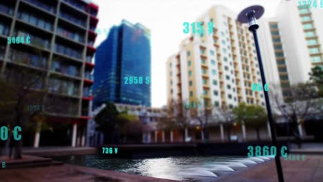 Animation-of-changing-numbers-and-currency-symbols,-time-lapse-of-people-walking-around-buildings