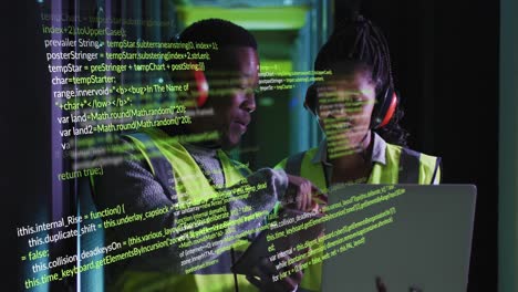 Animation-of-data-processing-over-african-american-male-and-female-engineers-working-at-server-room