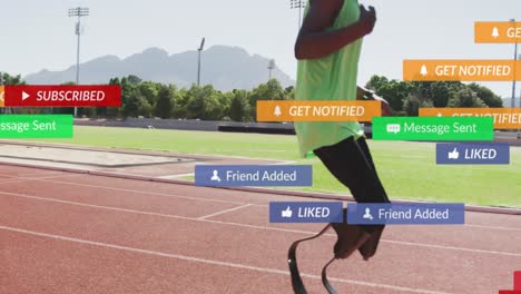 Animation-of-notification-bars,-african-american-athlete-tired-after-running-falling-on-race-track