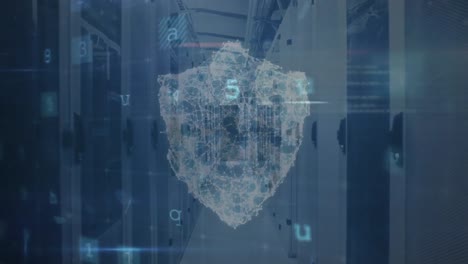 Animation-Des-Sicherheitsschildsymbols-Und-Der-Cybersicherheitsdatenverarbeitung-Im-Computerserverraum