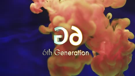 Animation-Von-6g-Text-Der-6.-Generation-über-Orangefarbener-Flüssigkeit-Auf-Blauem-Hintergrund