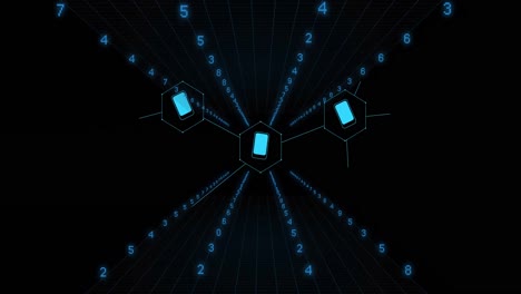Animation-of-data-processing-with-icons-on-black-background