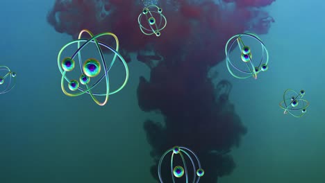 Animation-Von-Molekülen-über-Roter-Flüssigkeit-Auf-Blauem-Hintergrund