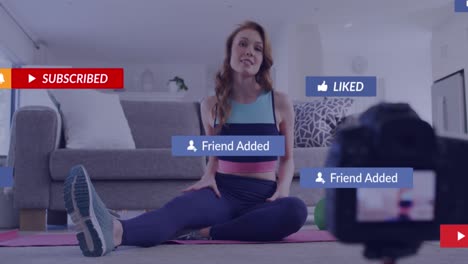 Animation-of-notification-bars-over-caucasian-woman-guiding-and-recording-about-exercise-in-camera