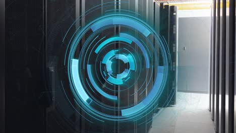 Animation-of-neon-blue-round-scanner-spinning-against-computer-server-room