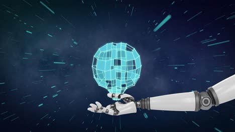 Animation-Einer-Roboterhand-Mit-Gehirn-Mit-Lichtspuren-Auf-Blauem-Hintergrund
