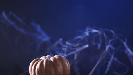 Video-of-halloween-pumpkins-and-smoke-with-copy-space-on-purple-background
