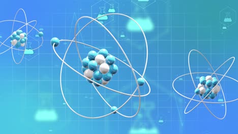 Animation-of-3d-micro-of-molecules-and-chemistry-icons-on-blue-background
