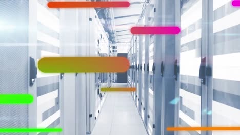 Animation-of-colorful-gradient-light-trails-and-light-spot-against-computer-server-room
