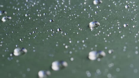 Micro-video-of-close-up-of-water-drops-with-copy-space-on-green-background