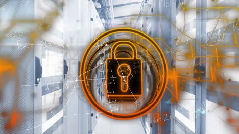 Animation-of-security-padlock-icon,-yellow-light-trails,-mathematical-equations-against-server-room