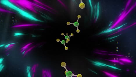 Animation-of-micro-of-molecules-models-and-light-trails-over-black-background