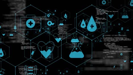 Animation-of-medical-icons-and-data-processing-on-black-background