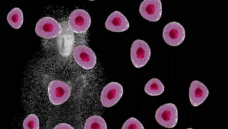 Animation-Menschlicher-Körperzellen-Und-Menschlicher-Körper,-Die-Sich-In-Partikel-Auf-Schwarzem-Hintergrund-Verwandeln