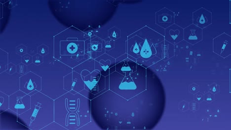 Animation-of-blue-bubbles-and-medical-icons-with-data-processing-on-blue-background