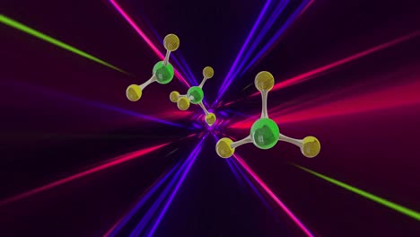 Animation-Von-3D-Mikromolekülen-Und-Lichtspuren-Auf-Schwarzem-Hintergrund