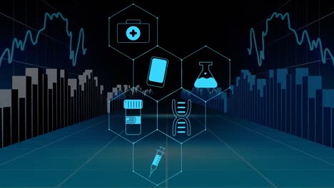 Animation-of-statistics-charts-and-medical-icons-and-data-processing-on-black-and-blue-background