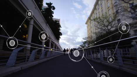 Animation-of-network-of-conncetions-with-icons-over-people-walking-on-street