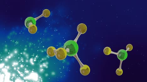 Animation-Von-Mikromolekülmodellen-Und-Lichtspuren-Auf-Blauem-Hintergrund