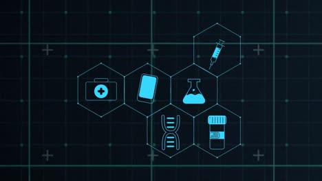Animation-of-grid-with-medical-icons-and-data-processing-on-black-background