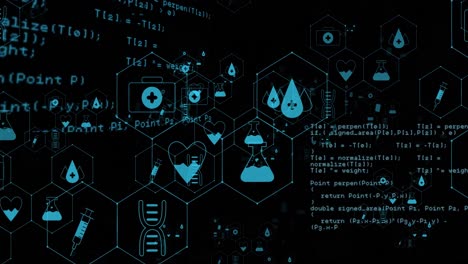 Animation-of-medical-icons-and-data-processing-on-black-background